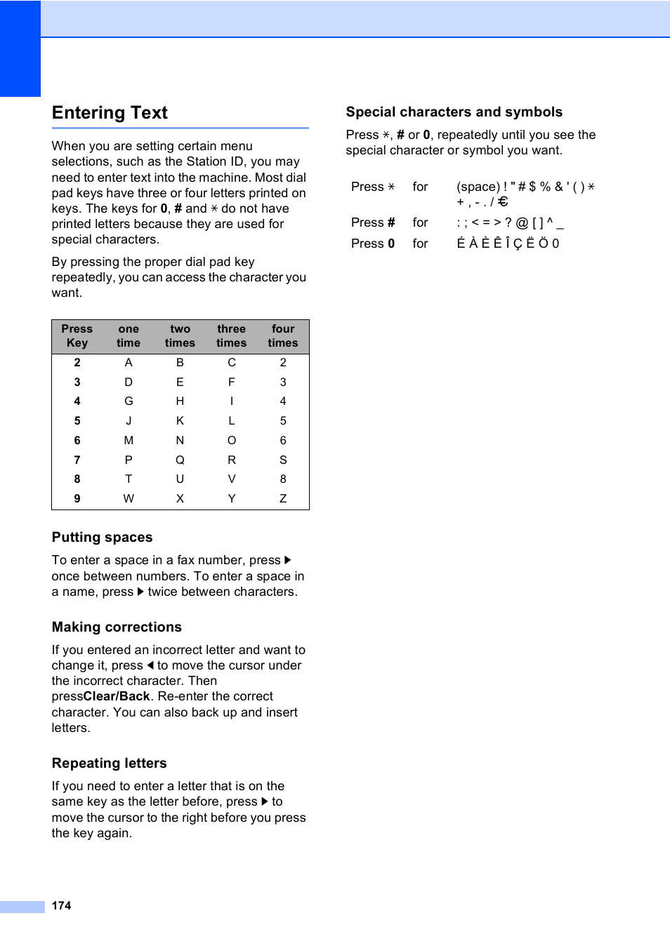 Entering text, Putting spaces, Making corrections | Repeating letters, Special characters and symbols | Brother MFC-885CW User Manual | Page 190 / 218