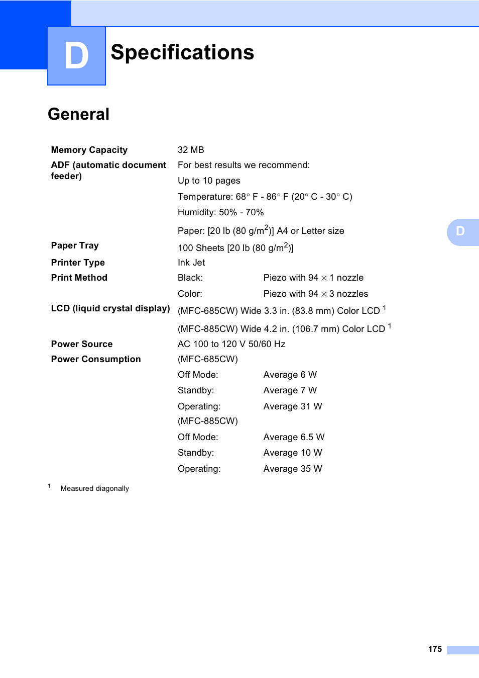 D specifications, General, Specifications | Brother MFC-885CW User Manual | Page 191 / 218