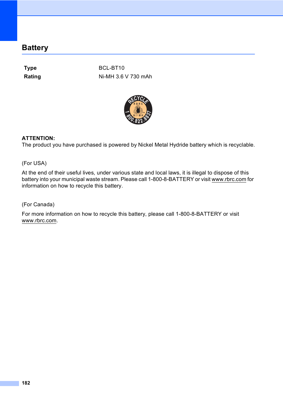 Battery | Brother MFC-885CW User Manual | Page 198 / 218