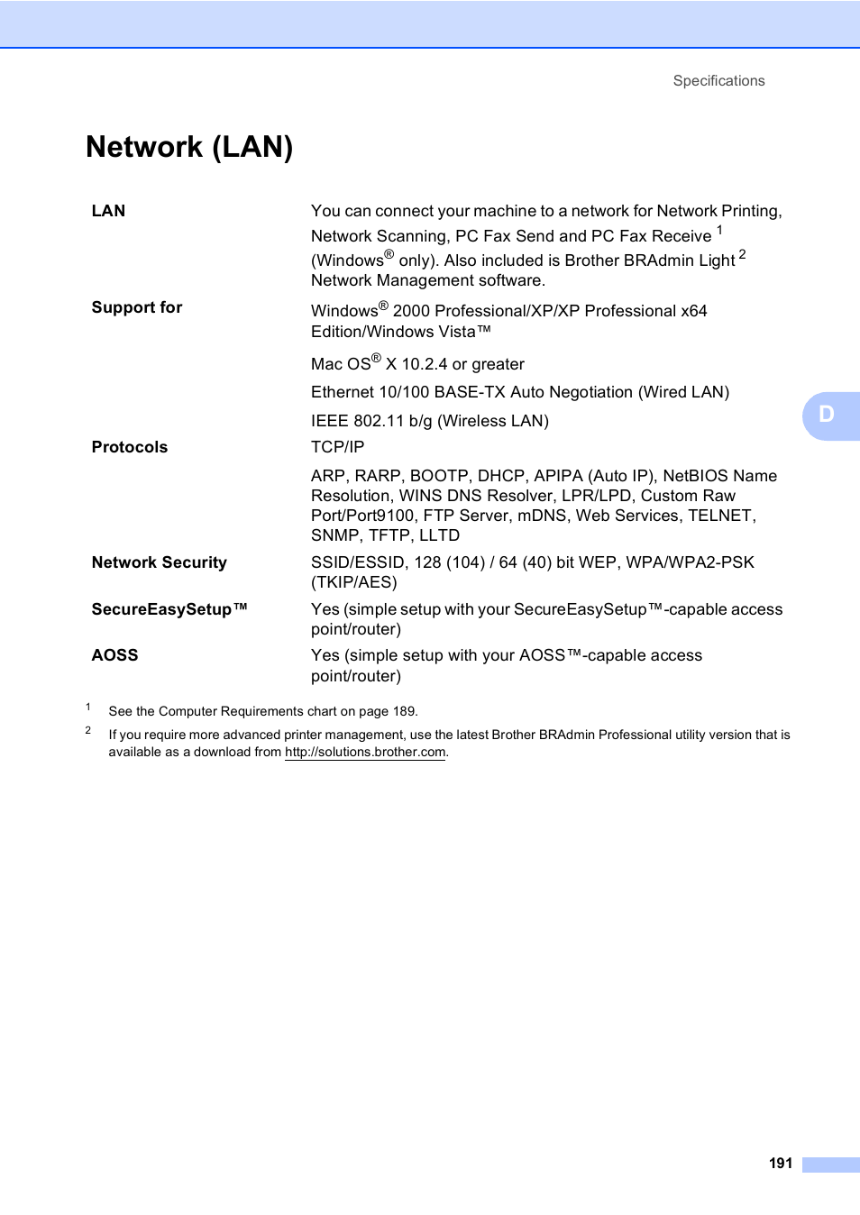 Network (lan) | Brother MFC-885CW User Manual | Page 207 / 218