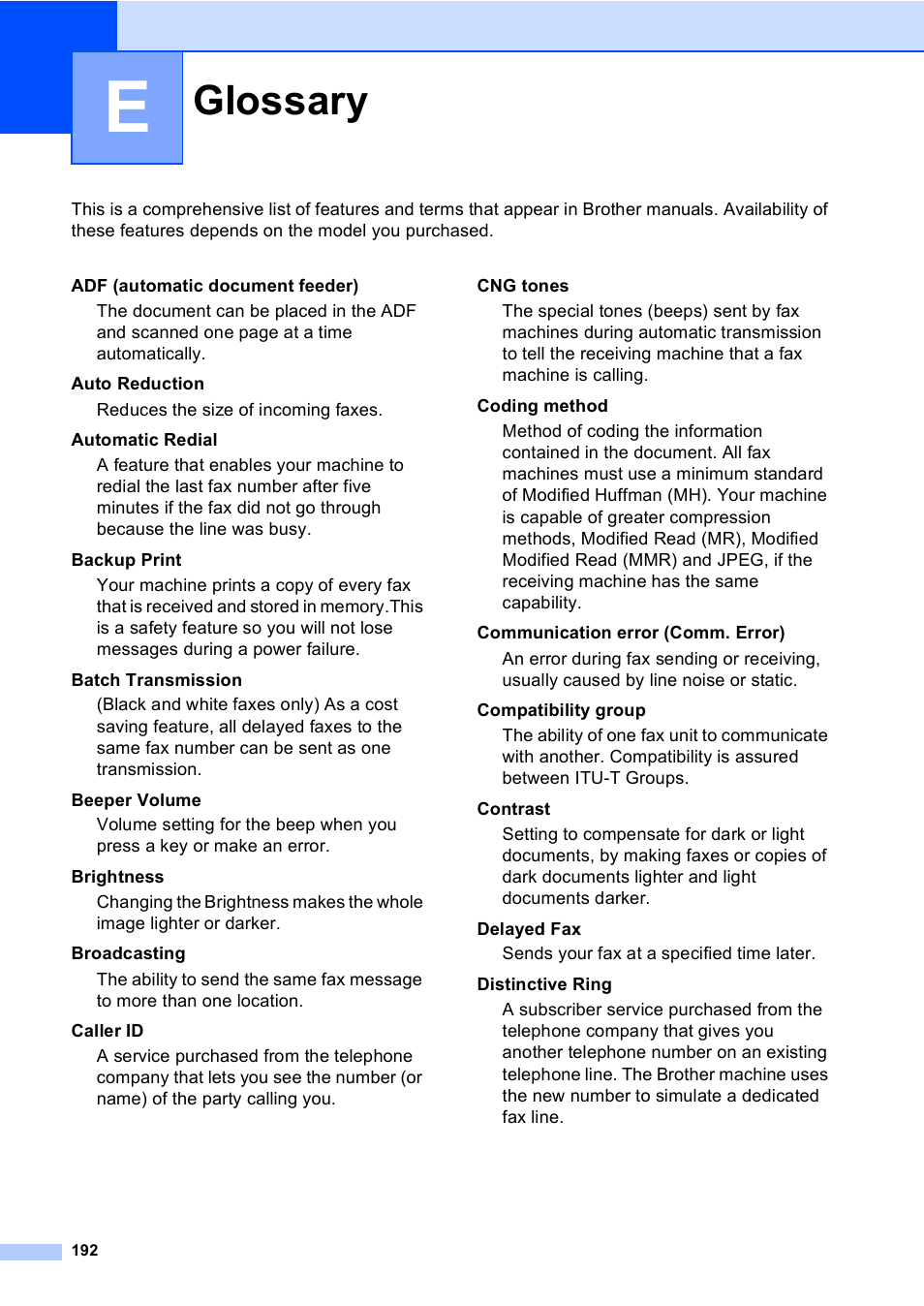 E glossary, Glossary | Brother MFC-885CW User Manual | Page 208 / 218
