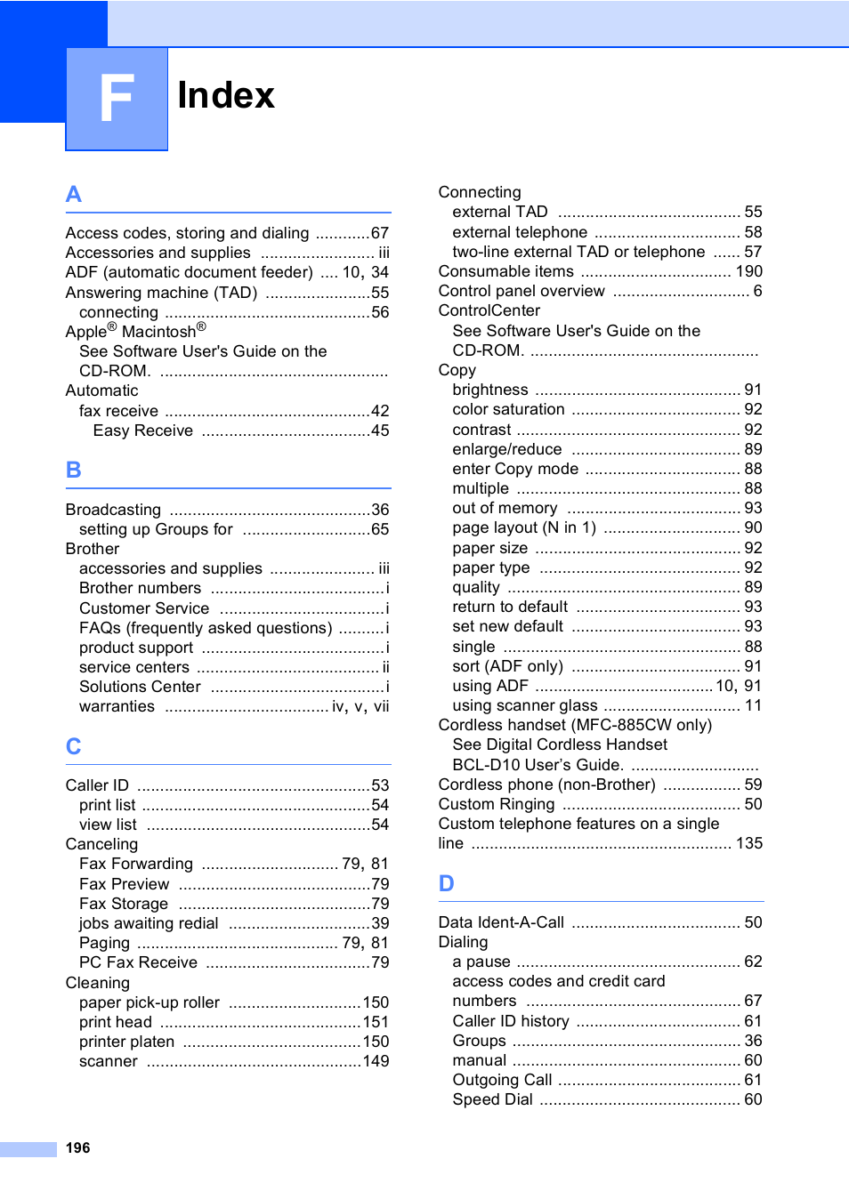Index | Brother MFC-885CW User Manual | Page 212 / 218
