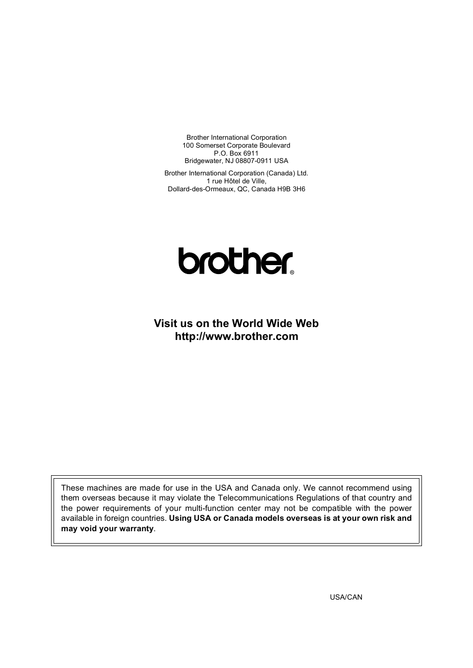 Brother usa/can | Brother MFC-885CW User Manual | Page 218 / 218