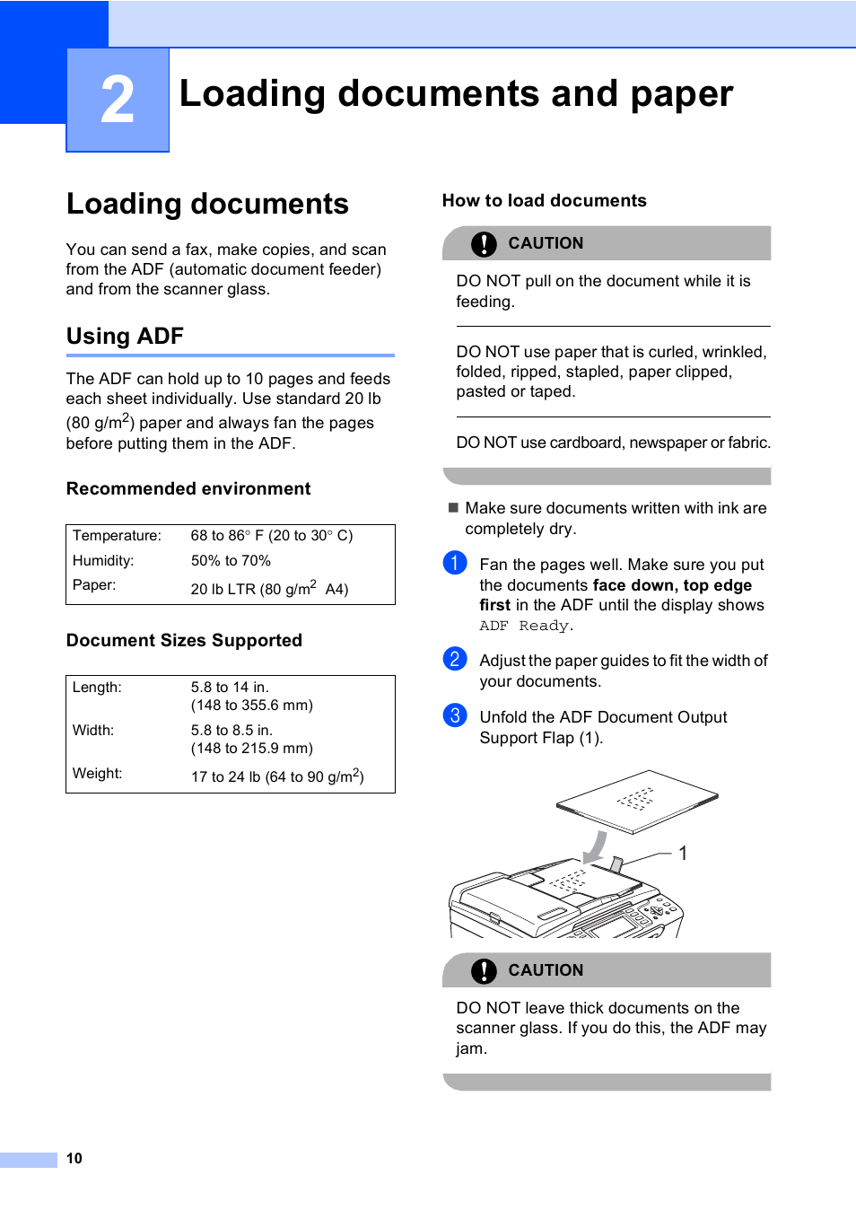 2 loading documents and paper, Loading documents, Using adf | Recommended environment, Document sizes supported, How to load documents, Loading documents and paper | Brother MFC-885CW User Manual | Page 26 / 218