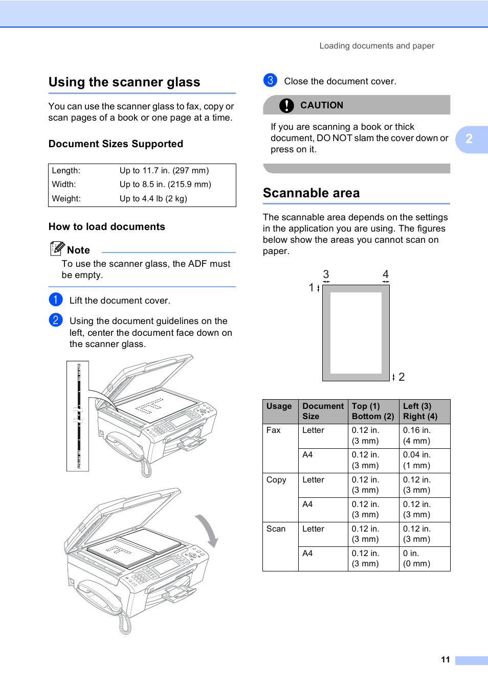 Using the scanner glass, Document sizes supported, How to load documents | Scannable area, Using the scanner glass scannable area, 2using the scanner glass | Brother MFC-885CW User Manual | Page 27 / 218