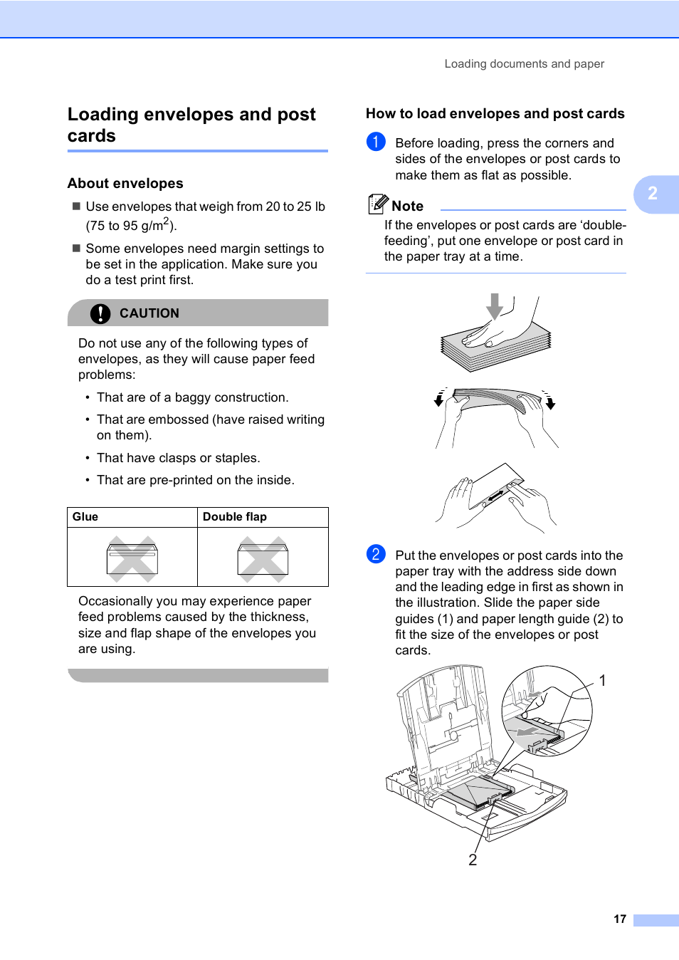 Loading envelopes and post cards, About envelopes, How to load envelopes and post cards | 2loading envelopes and post cards | Brother MFC-885CW User Manual | Page 33 / 218