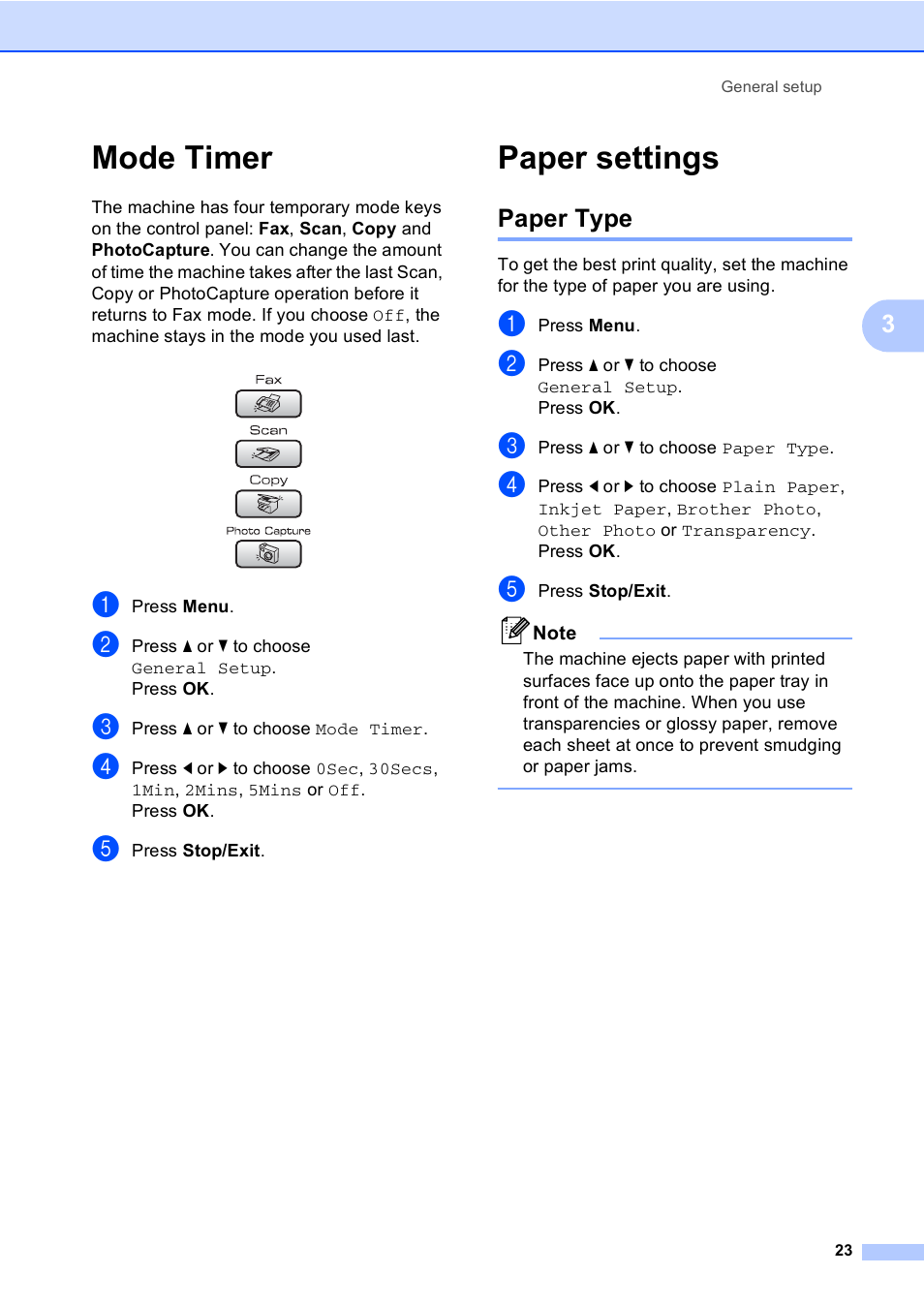 Mode timer, Paper settings, Paper type | Mode timer paper settings | Brother MFC-885CW User Manual | Page 39 / 218