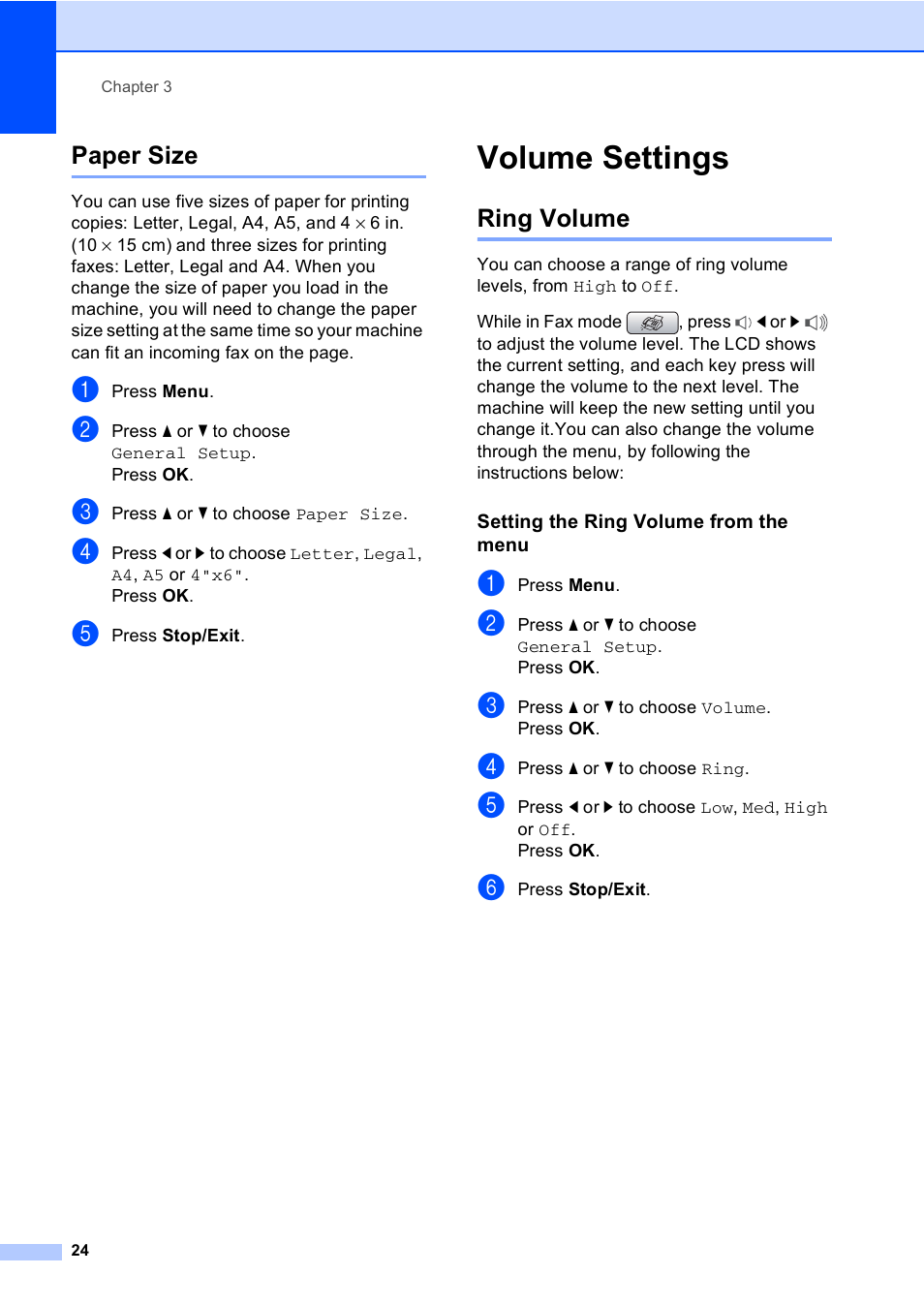 Paper size, Volume settings, Ring volume | Setting the ring volume from the menu | Brother MFC-885CW User Manual | Page 40 / 218