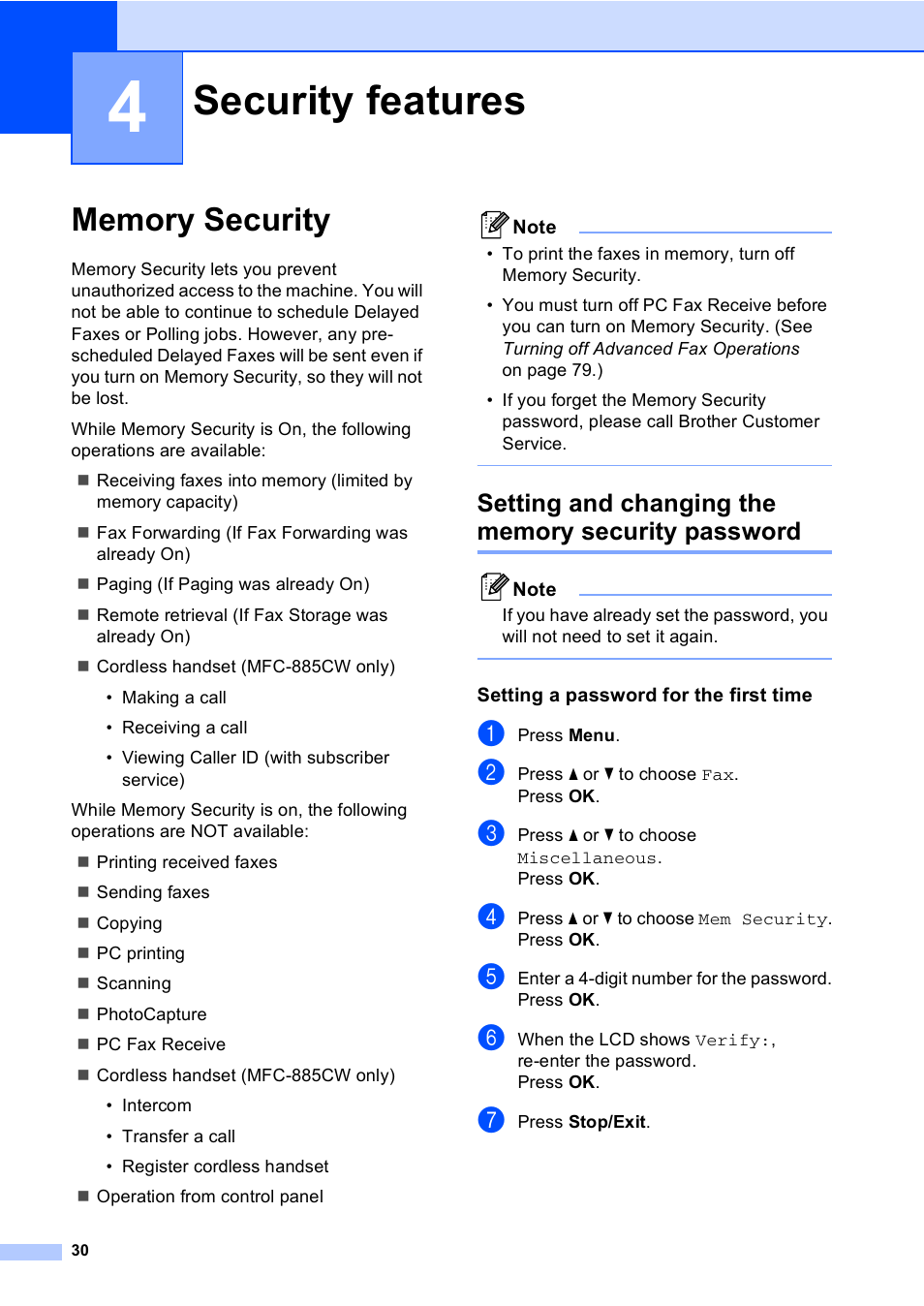 4 security features, Memory security, Setting and changing the memory security password | Setting a password for the first time, Security features | Brother MFC-885CW User Manual | Page 46 / 218