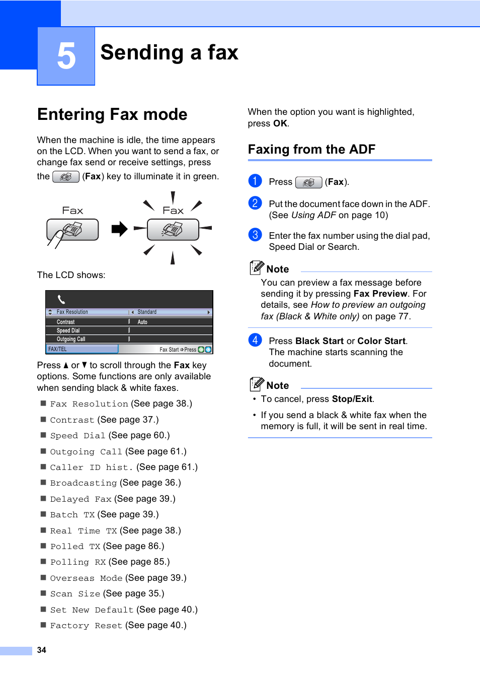 5 sending a fax, Entering fax mode, Faxing from the adf | Sending a fax | Brother MFC-885CW User Manual | Page 50 / 218