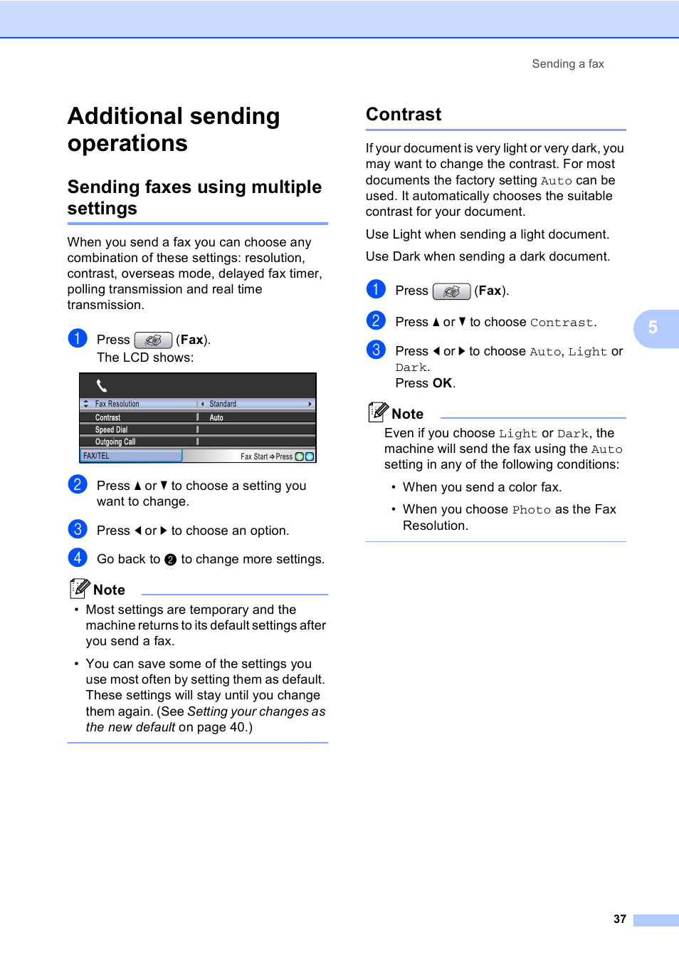 Additional sending operations, Sending faxes using multiple settings, Contrast | Sending faxes using multiple settings contrast | Brother MFC-885CW User Manual | Page 53 / 218