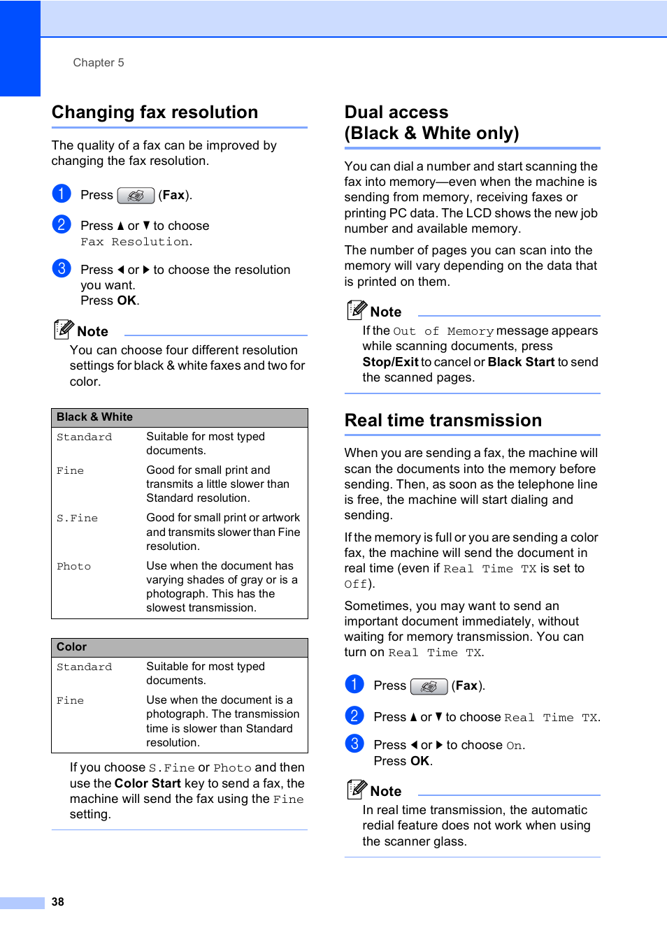 Changing fax resolution, Dual access (black & white only), Real time transmission | Brother MFC-885CW User Manual | Page 54 / 218