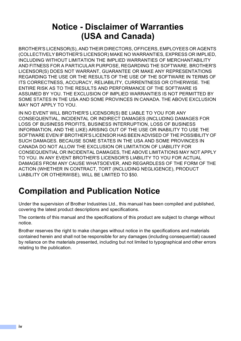 Notice - disclaimer of warranties (usa and canada), Compilation and publication notice | Brother MFC-885CW User Manual | Page 6 / 218