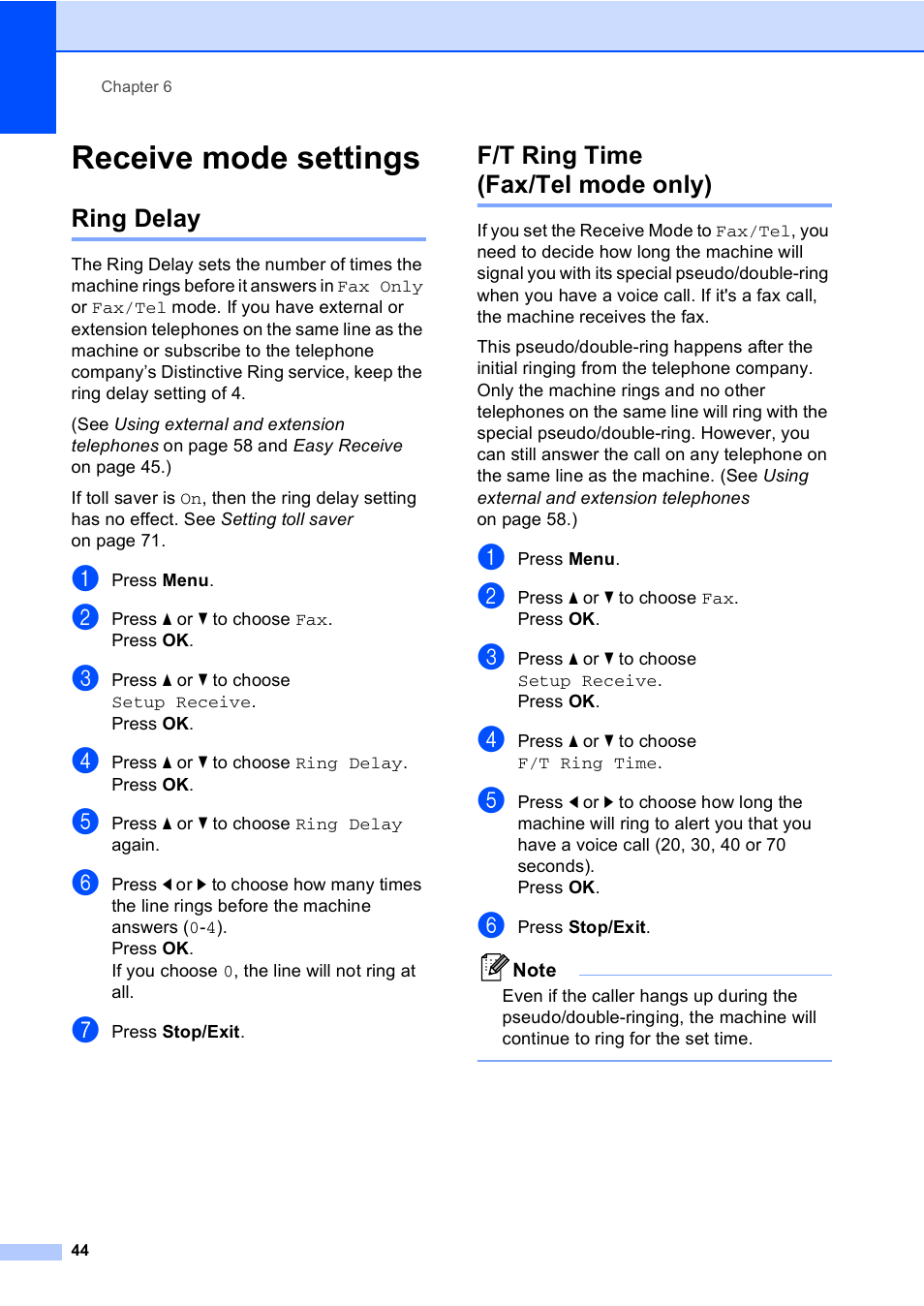 Receive mode settings, Ring delay, F/t ring time (fax/tel mode only) | Ring delay f/t ring time (fax/tel mode only) | Brother MFC-885CW User Manual | Page 60 / 218