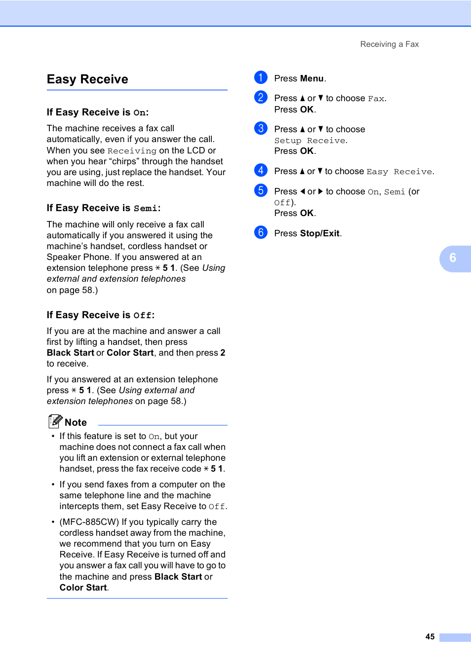 Easy receive, If easy receive is on, If easy receive is semi | If easy receive is off, 6easy receive | Brother MFC-885CW User Manual | Page 61 / 218