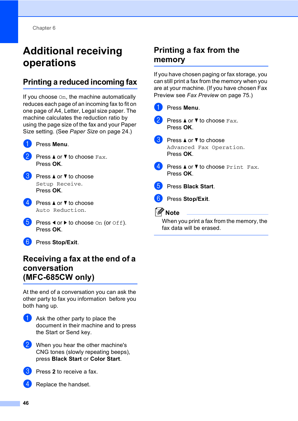 Additional receiving operations, Printing a reduced incoming fax, Printing a fax from the memory | Brother MFC-885CW User Manual | Page 62 / 218