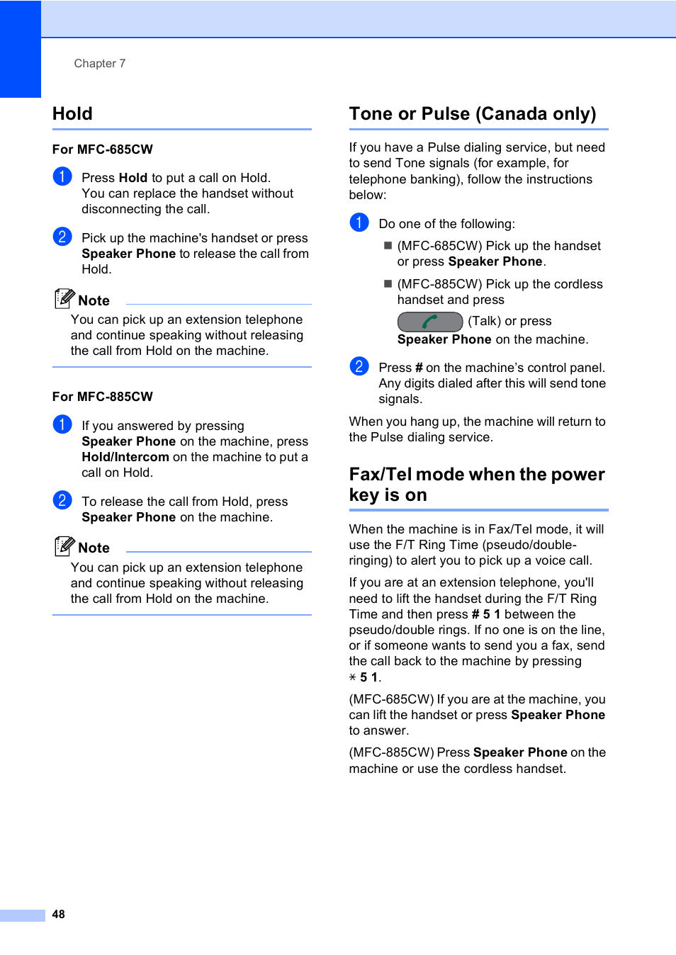 Hold, Tone or pulse (canada only), Fax/tel mode when the power key is on | Brother MFC-885CW User Manual | Page 64 / 218