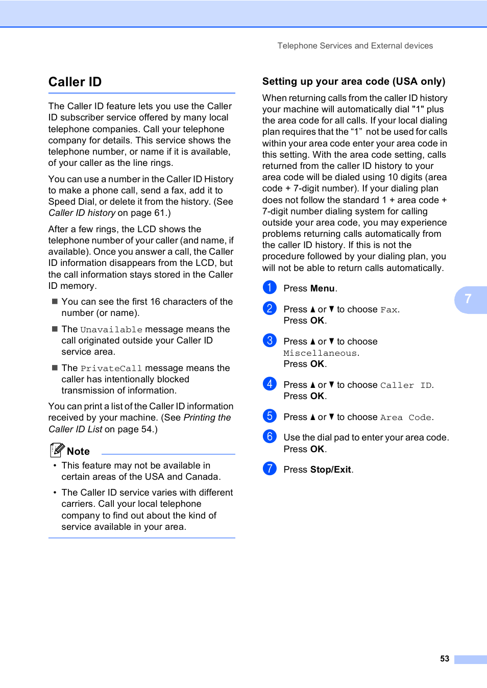 Caller id, Setting up your area code (usa only), 7caller id | Brother MFC-885CW User Manual | Page 69 / 218