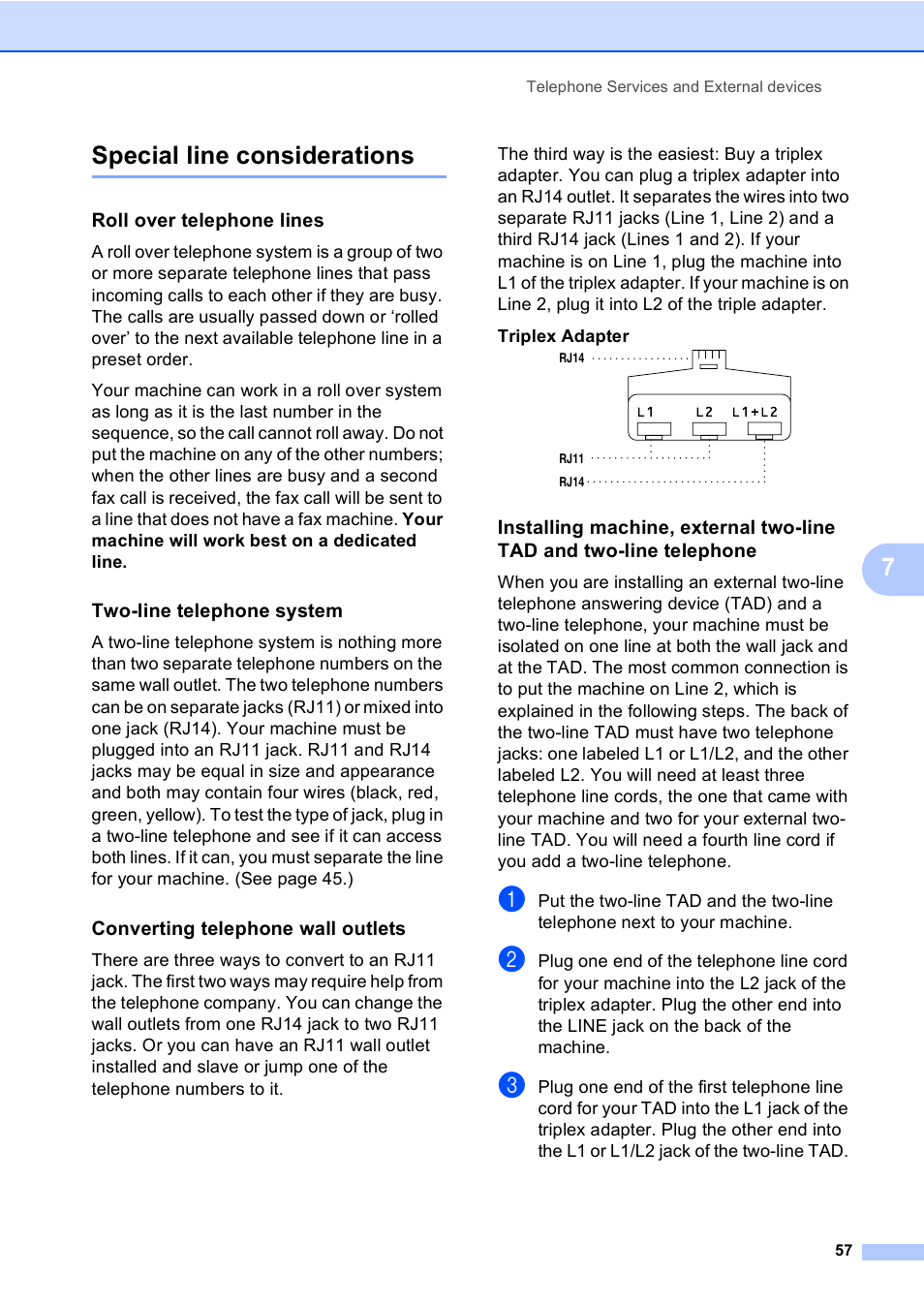Special line considerations, Roll over telephone lines, Two-line telephone system | Converting telephone wall outlets, 7special line considerations | Brother MFC-885CW User Manual | Page 73 / 218