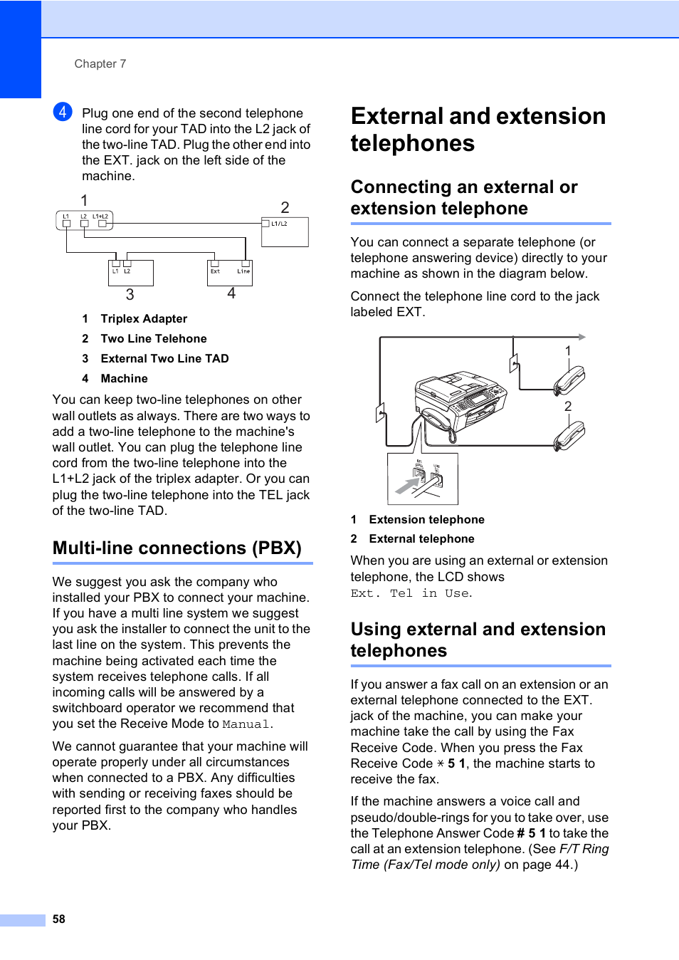 Multi-line connections (pbx), External and extension telephones, Connecting an external or extension telephone | Using external and extension telephones | Brother MFC-885CW User Manual | Page 74 / 218
