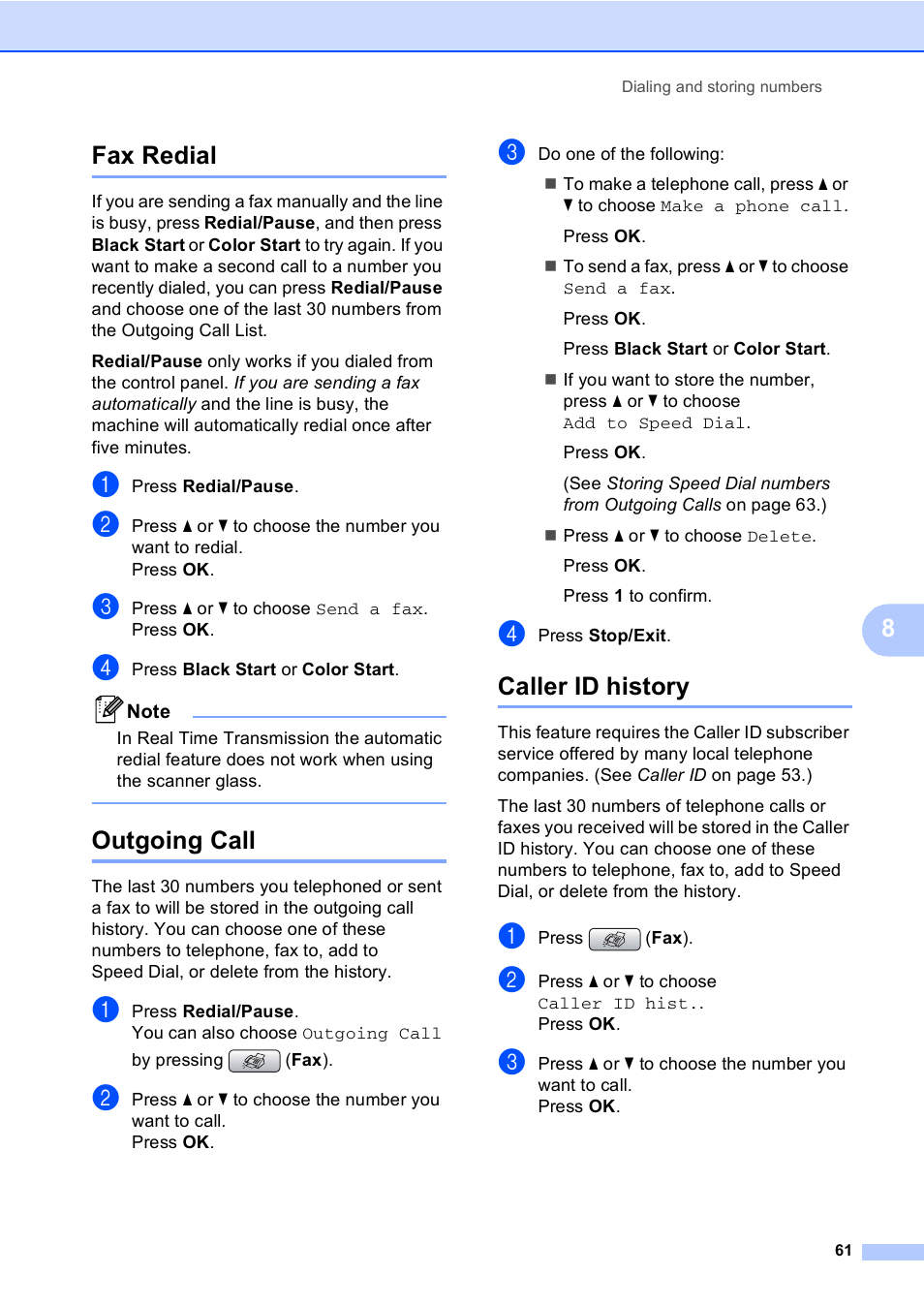 Fax redial, Outgoing call, Caller id history | Fax redial outgoing call caller id history, 8fax redial | Brother MFC-885CW User Manual | Page 77 / 218