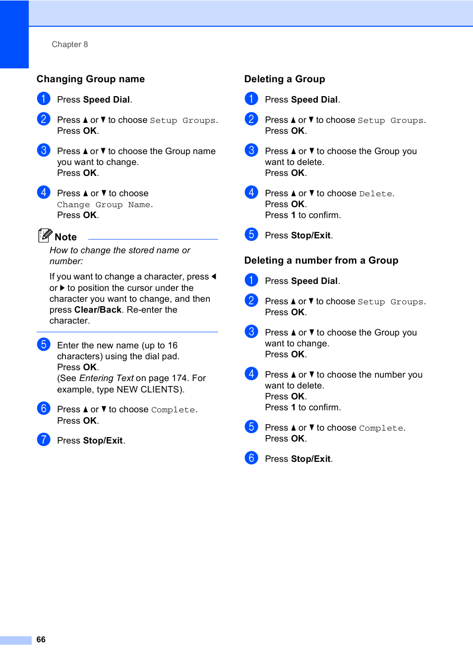 Changing group name, Deleting a group, Deleting a number from a group | Brother MFC-885CW User Manual | Page 82 / 218