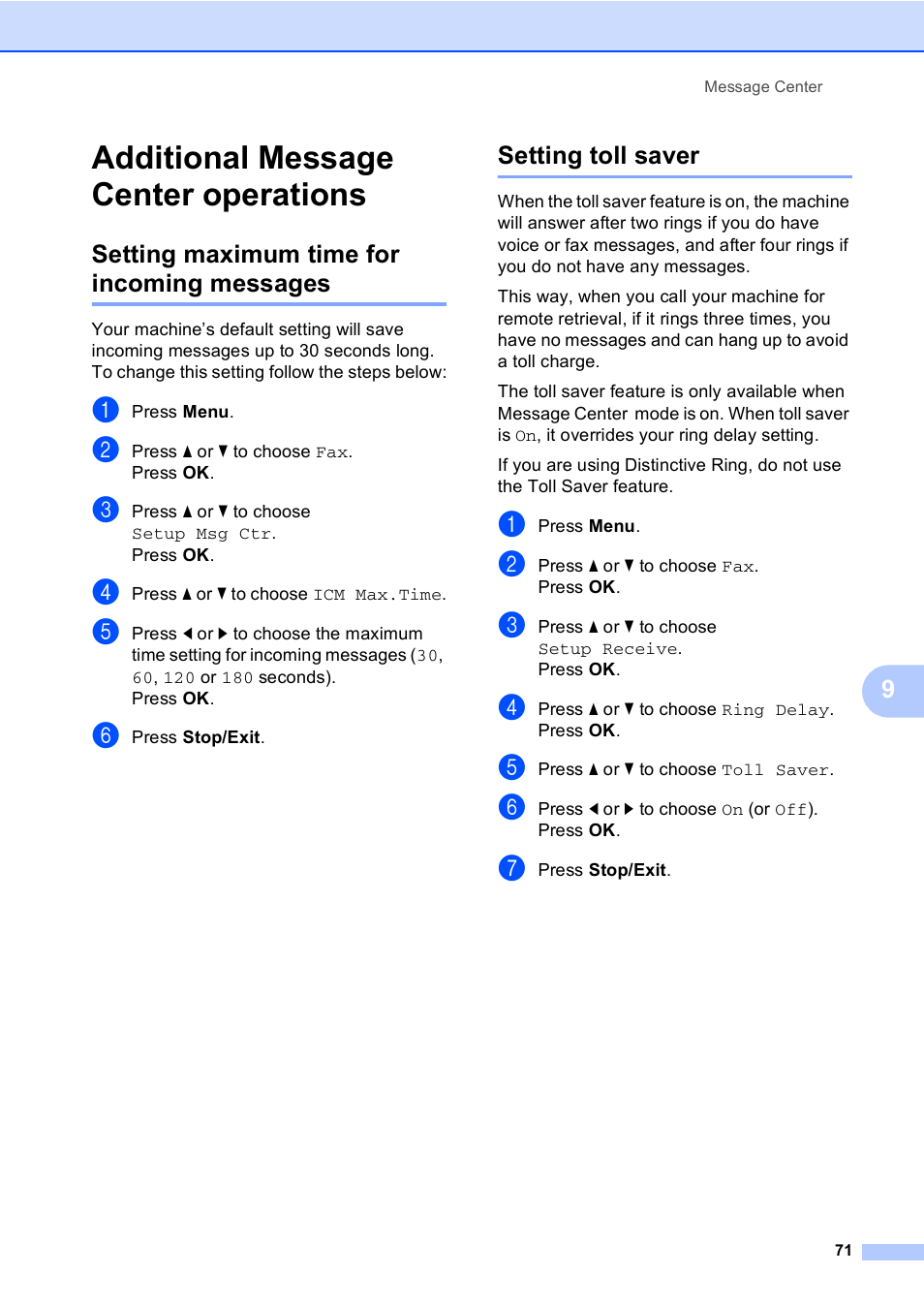 Additional message center operations, Setting maximum time for incoming messages, Setting toll saver | Brother MFC-885CW User Manual | Page 87 / 218