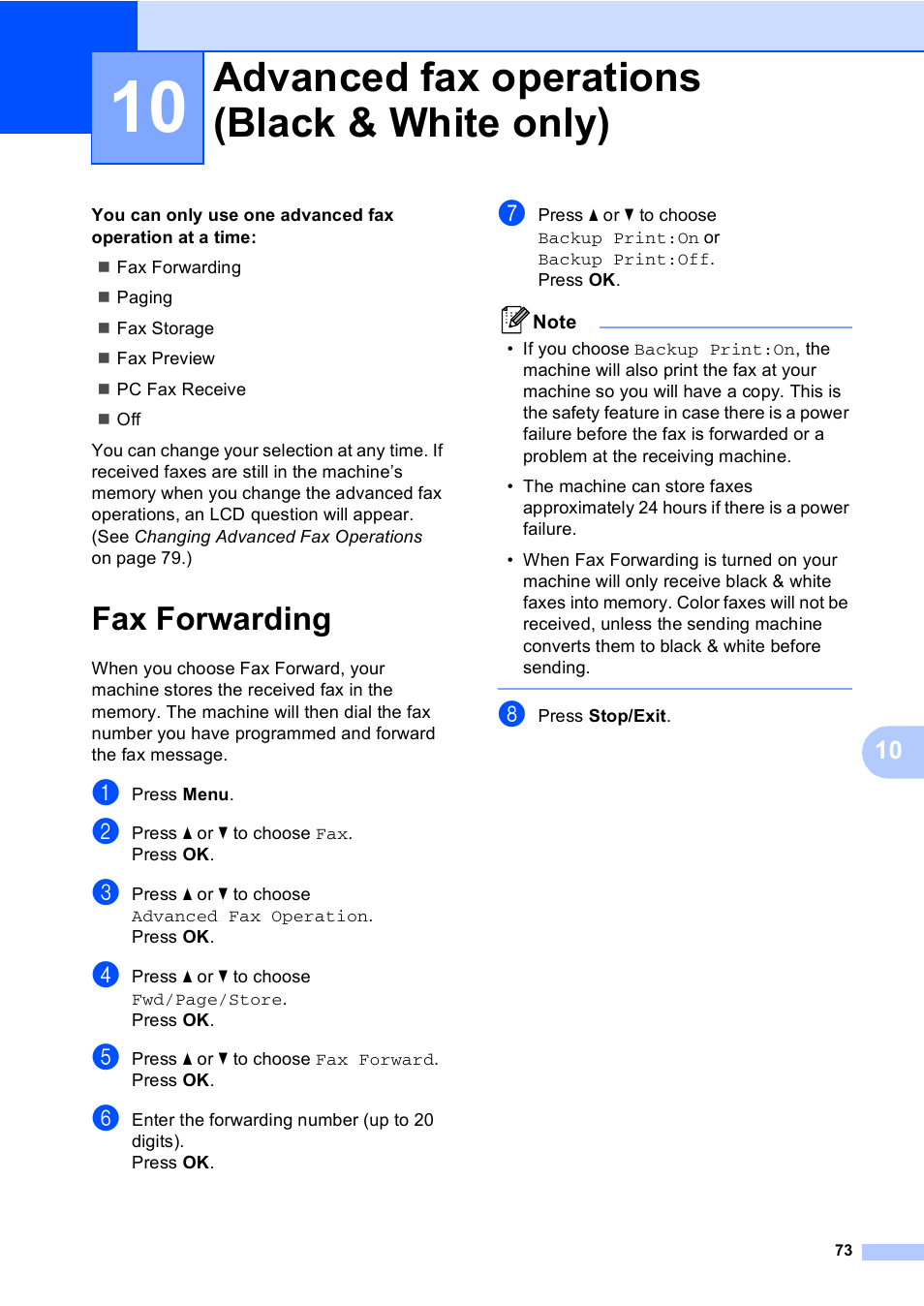 10 advanced fax operations (black & white only), Fax forwarding, Advanced fax operations (black & white only) | Brother MFC-885CW User Manual | Page 89 / 218