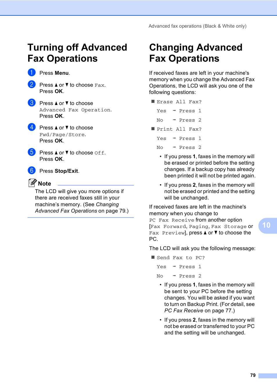 Turning off advanced fax operations, Changing advanced fax operations | Brother MFC-885CW User Manual | Page 95 / 218