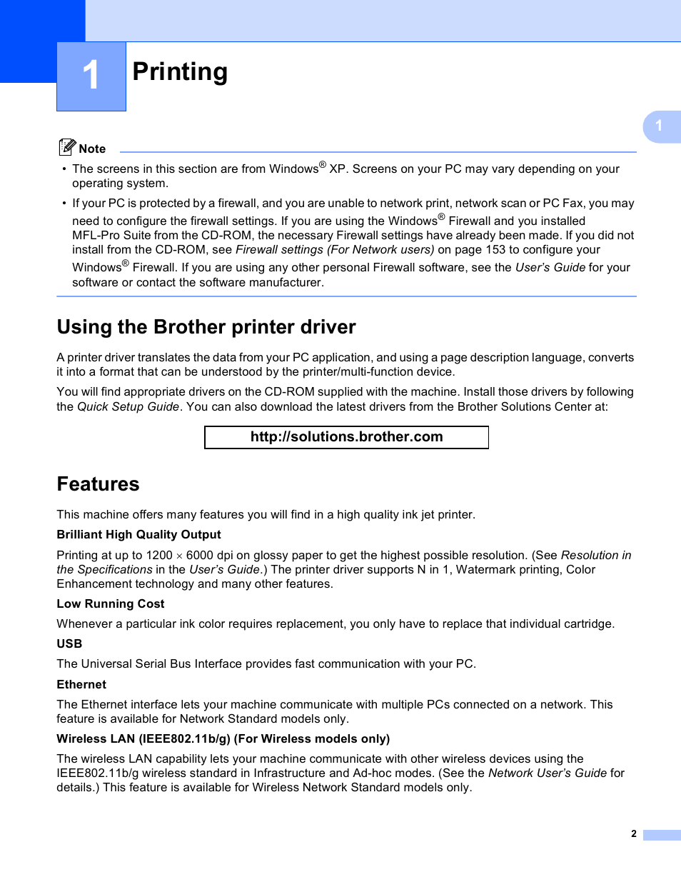 1 printing, Using the brother printer driver, Features | Printing, Using the brother printer driver features | Brother MFC-5895CW User Manual | Page 10 / 269
