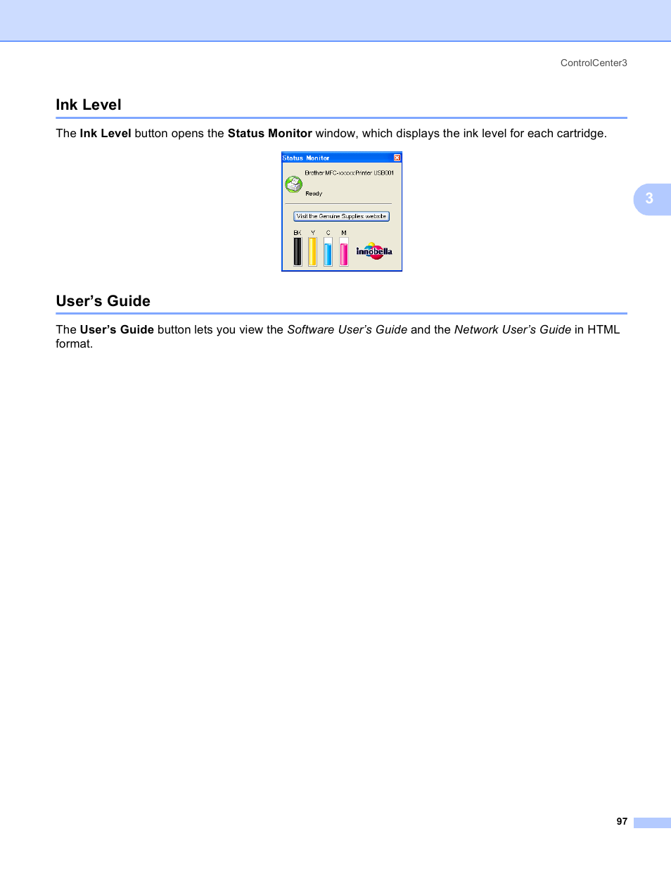 Ink level, User’s guide, Ink level user’s guide | 3ink level | Brother MFC-5895CW User Manual | Page 105 / 269