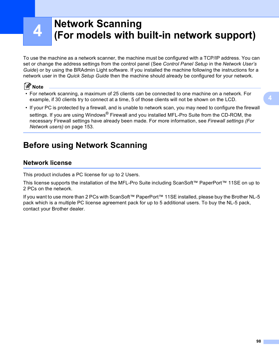 Before using network scanning, Network license | Brother MFC-5895CW User Manual | Page 106 / 269