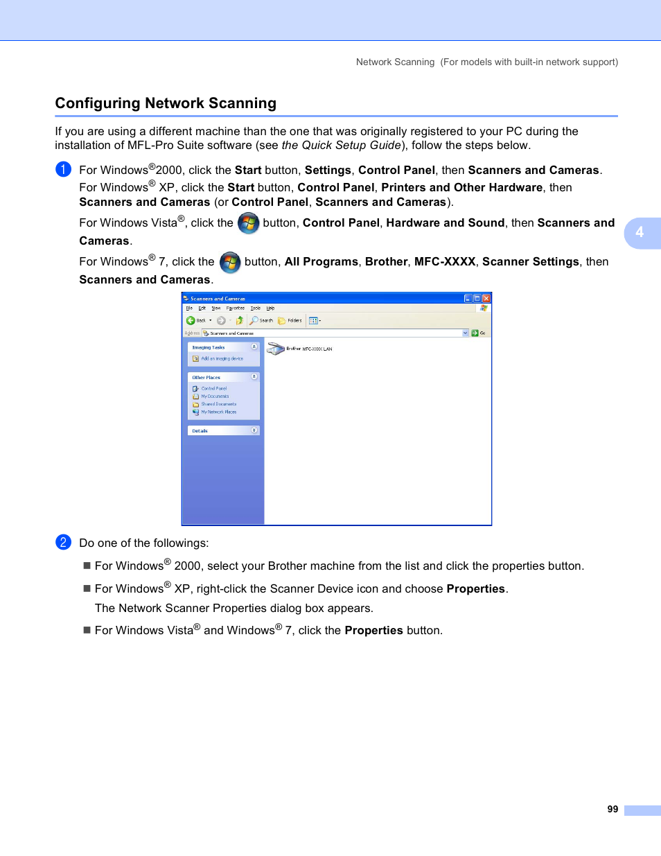 Configuring network scanning, 4configuring network scanning | Brother MFC-5895CW User Manual | Page 107 / 269