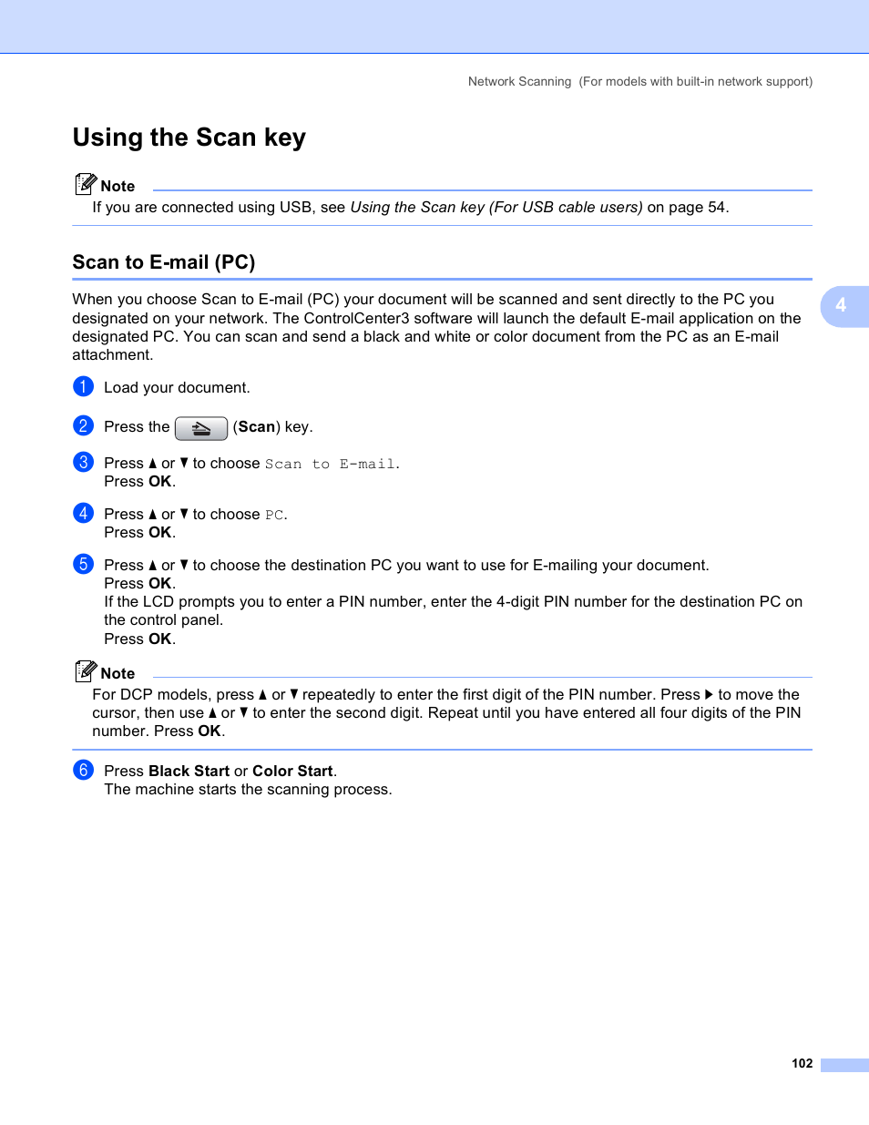 Using the scan key, Scan to e-mail (pc) | Brother MFC-5895CW User Manual | Page 110 / 269