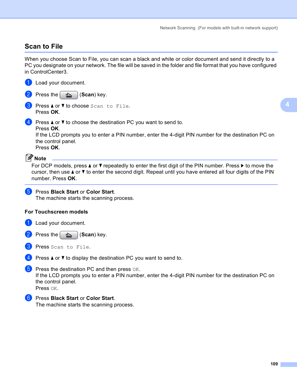 Scan to file, 4scan to file | Brother MFC-5895CW User Manual | Page 117 / 269