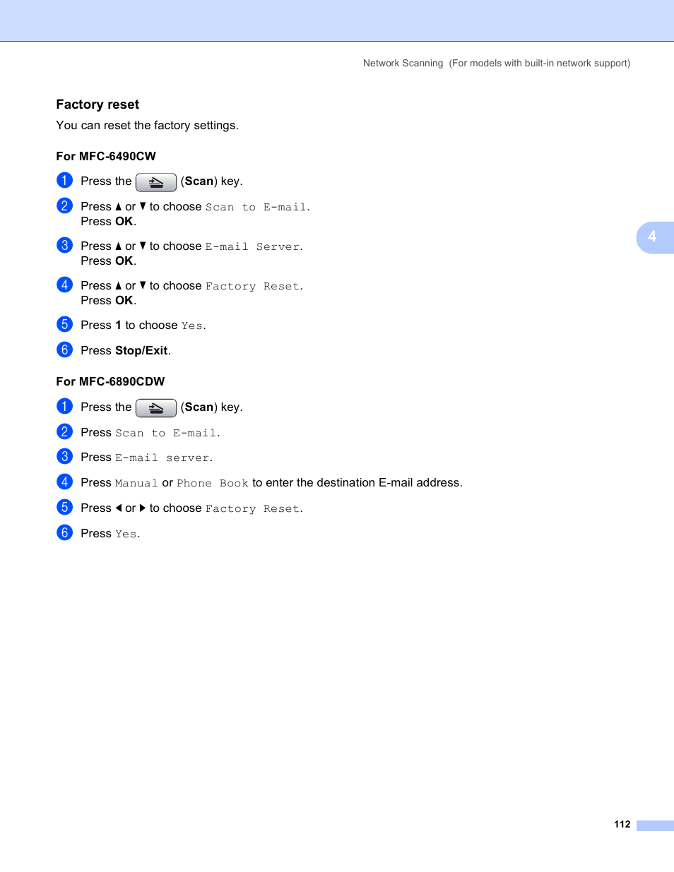 Factory reset | Brother MFC-5895CW User Manual | Page 120 / 269