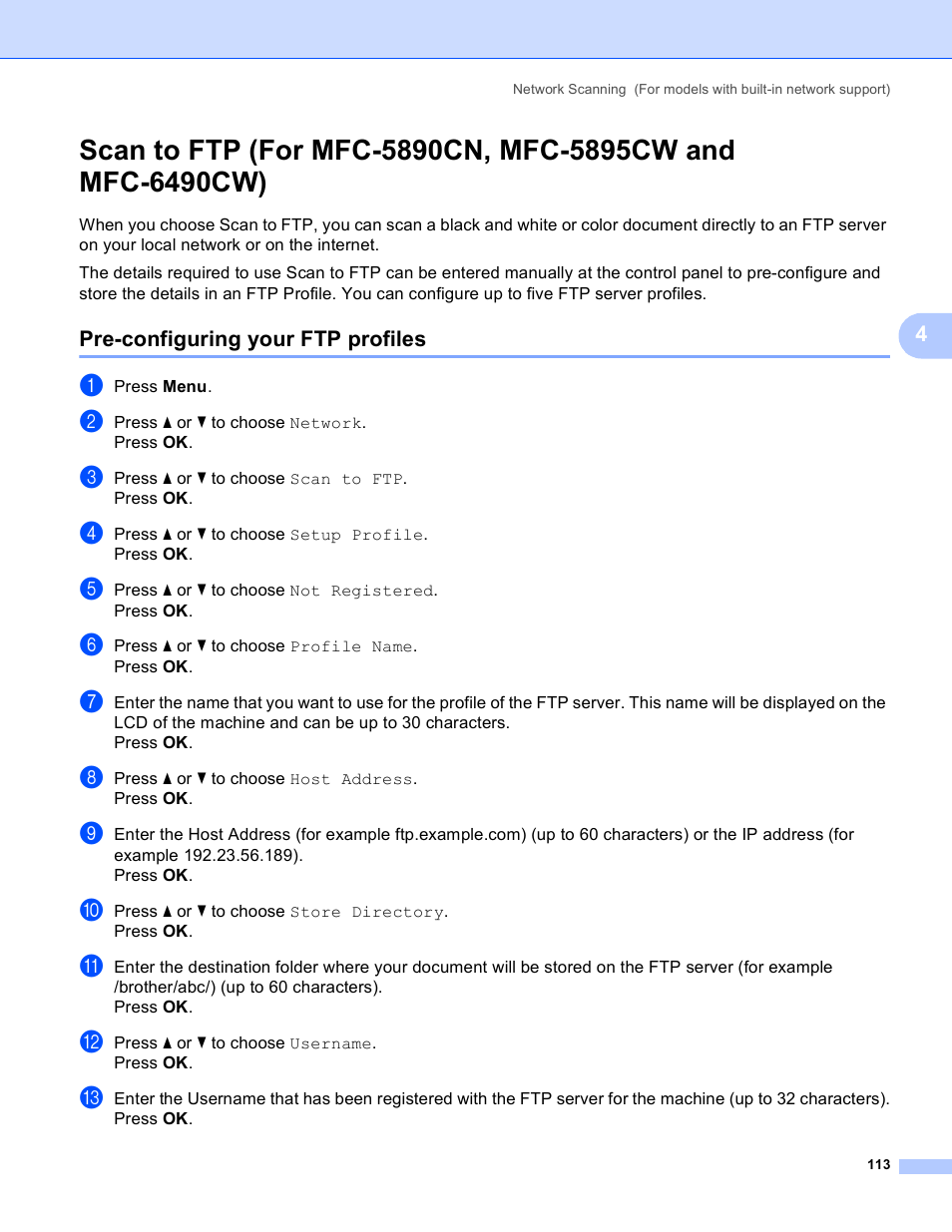 Pre-configuring your ftp profiles | Brother MFC-5895CW User Manual | Page 121 / 269