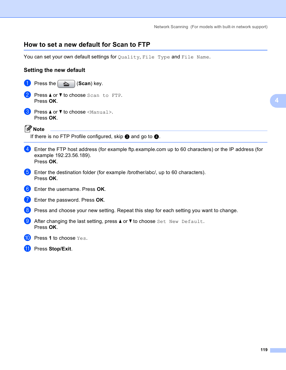 How to set a new default for scan to ftp, Setting the new default, 4how to set a new default for scan to ftp | Brother MFC-5895CW User Manual | Page 127 / 269