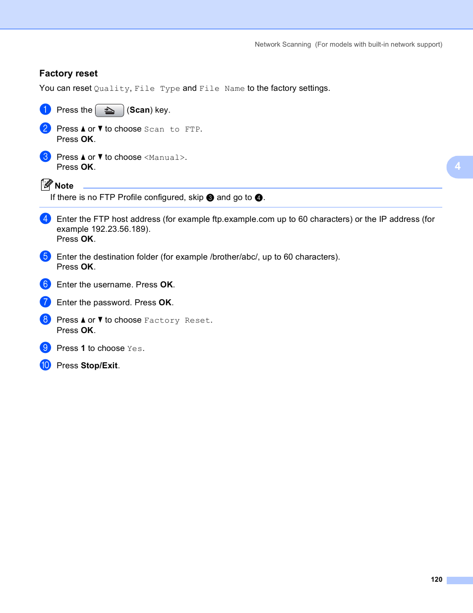 Factory reset | Brother MFC-5895CW User Manual | Page 128 / 269