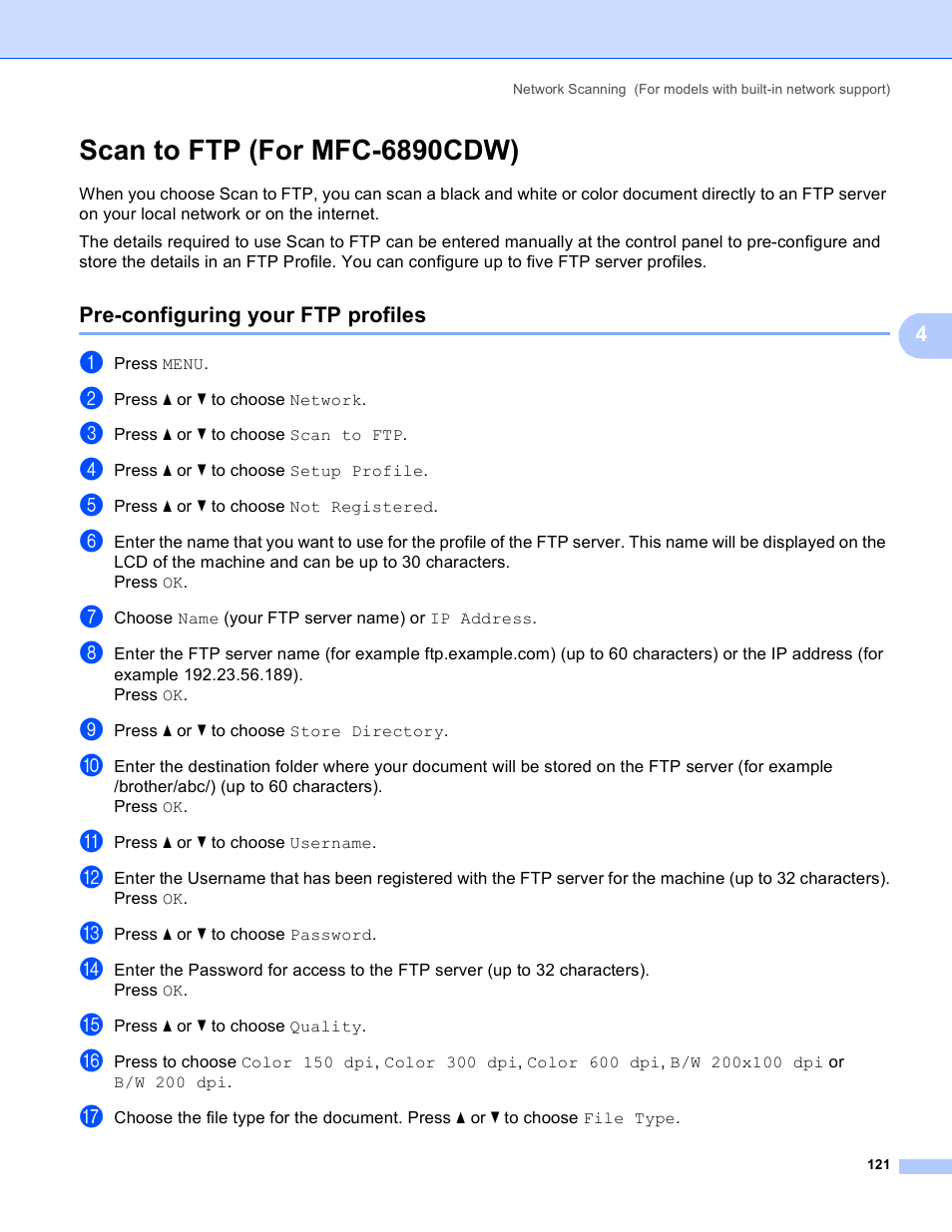 Scan to ftp (for mfc-6890cdw), Pre-configuring your ftp profiles | Brother MFC-5895CW User Manual | Page 129 / 269