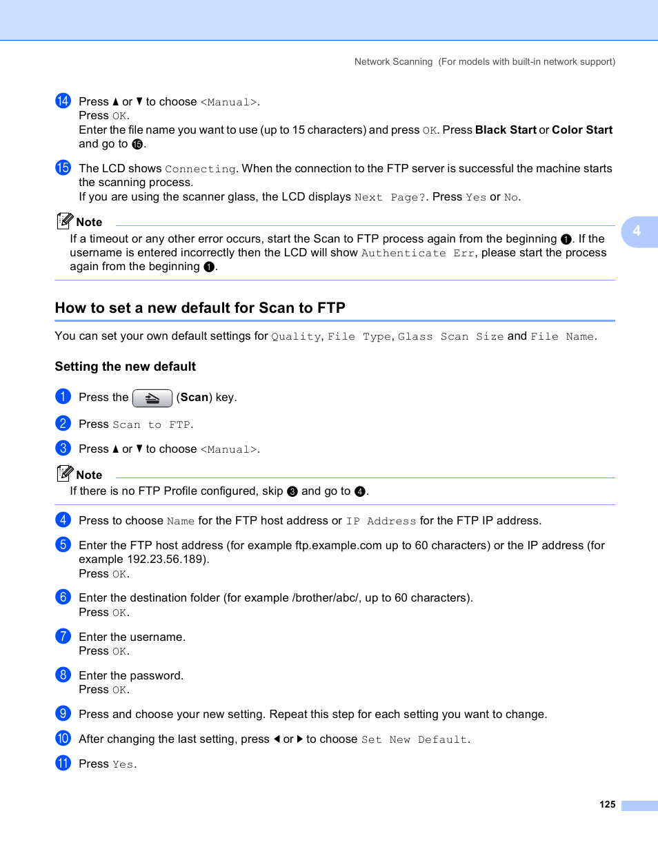 How to set a new default for scan to ftp, Setting the new default | Brother MFC-5895CW User Manual | Page 133 / 269