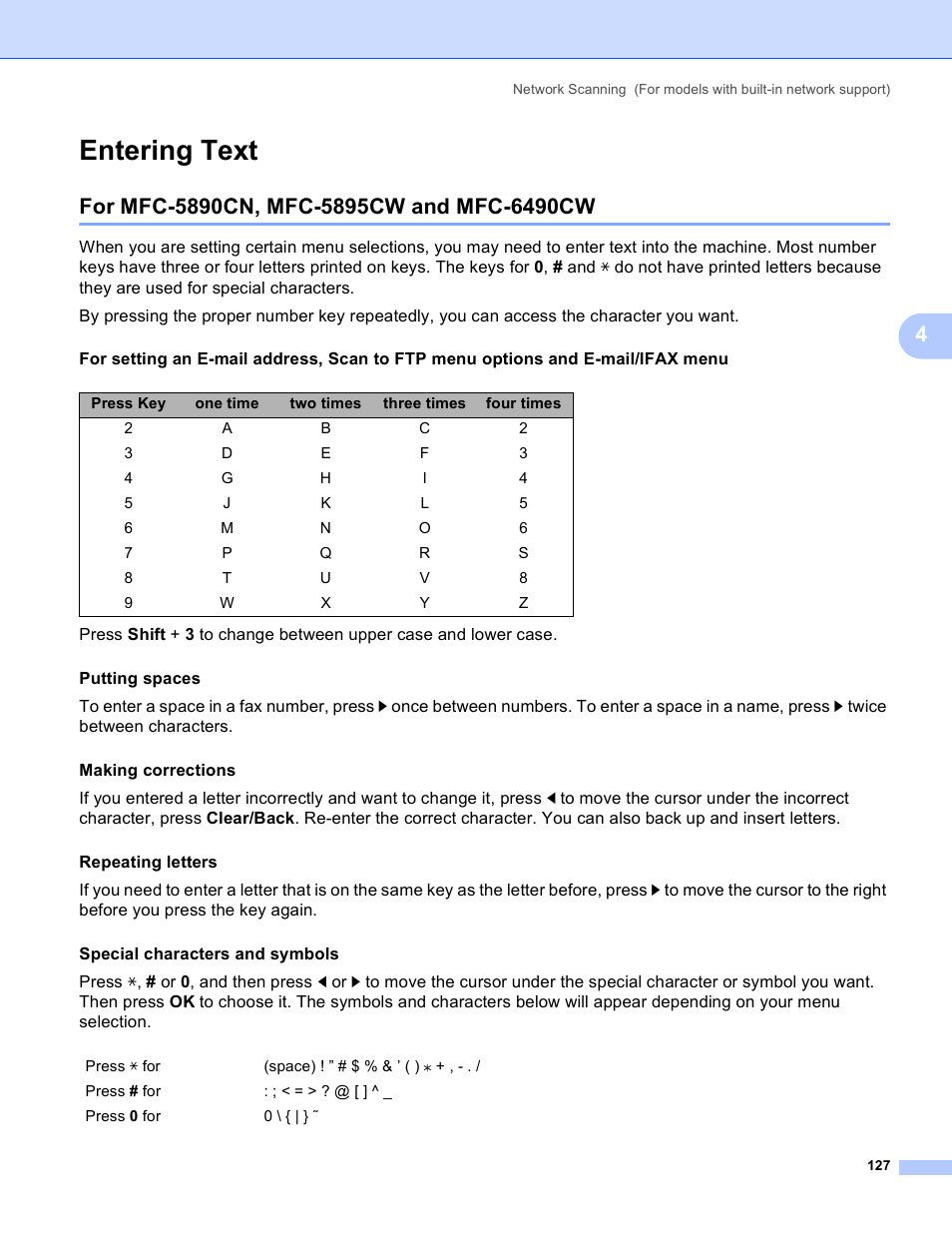 Entering text, For mfc-5890cn, mfc-5895cw and mfc-6490cw | Brother MFC-5895CW User Manual | Page 135 / 269