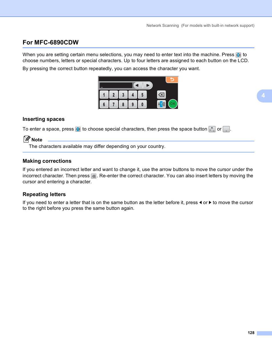 For mfc-6890cdw, Inserting spaces, Making corrections | Repeating letters | Brother MFC-5895CW User Manual | Page 136 / 269