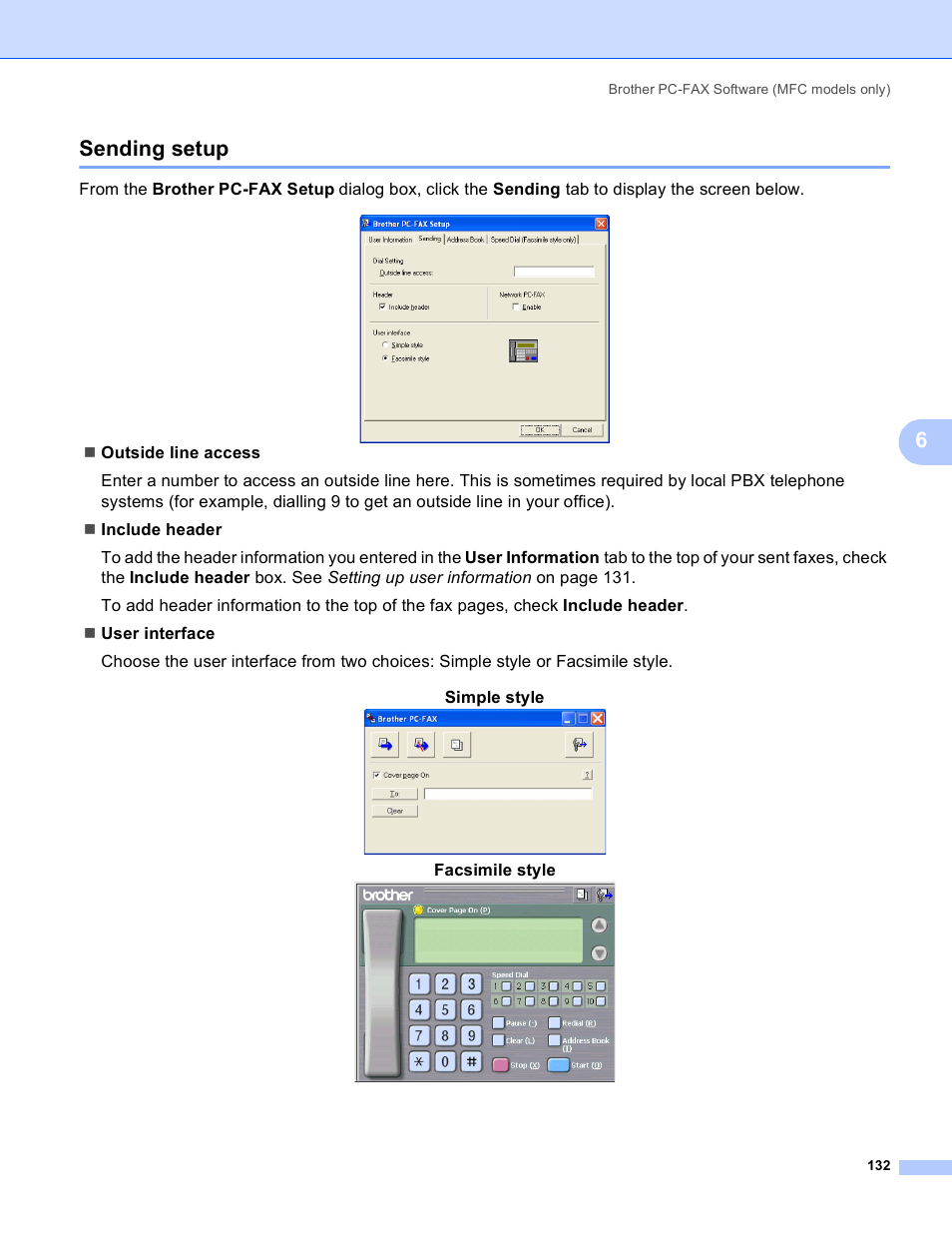 Sending setup, 6sending setup, Facsimile style | Brother MFC-5895CW User Manual | Page 140 / 269