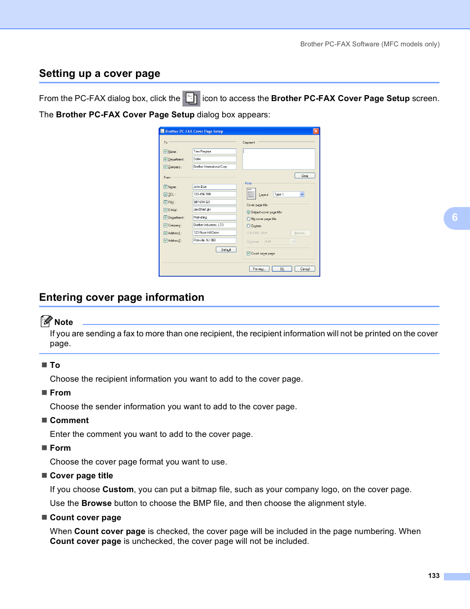 6setting up a cover page, Entering cover page information | Brother MFC-5895CW User Manual | Page 141 / 269