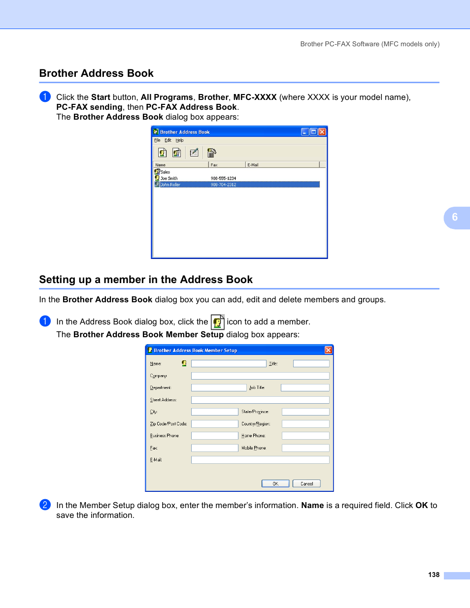 Brother address book, Setting up a member in the address book, 6brother address book | Brother MFC-5895CW User Manual | Page 146 / 269