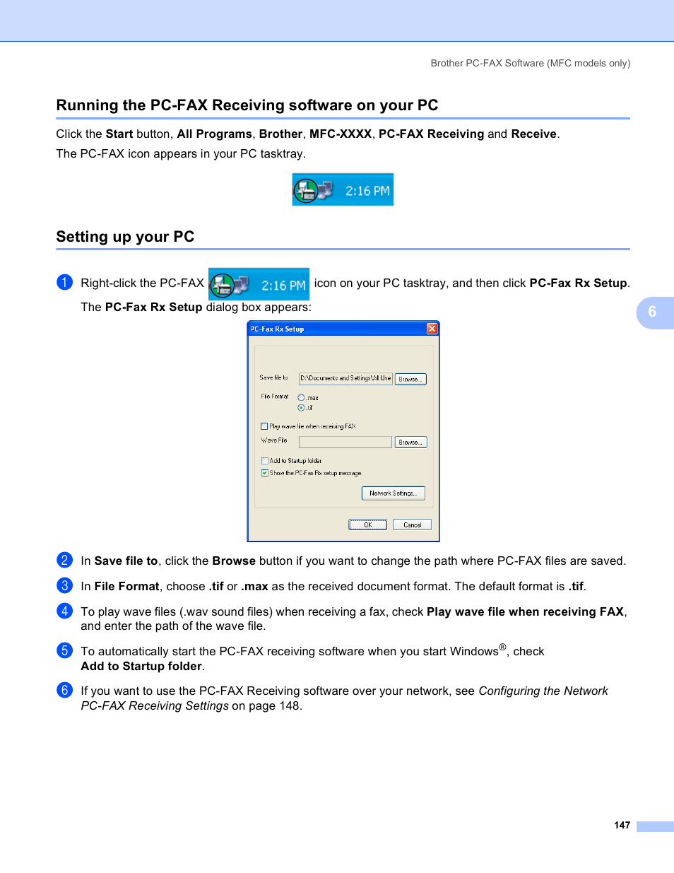 Running the pc-fax receiving software on your pc, Setting up your pc, 6running the pc-fax receiving software on your pc | Brother MFC-5895CW User Manual | Page 155 / 269