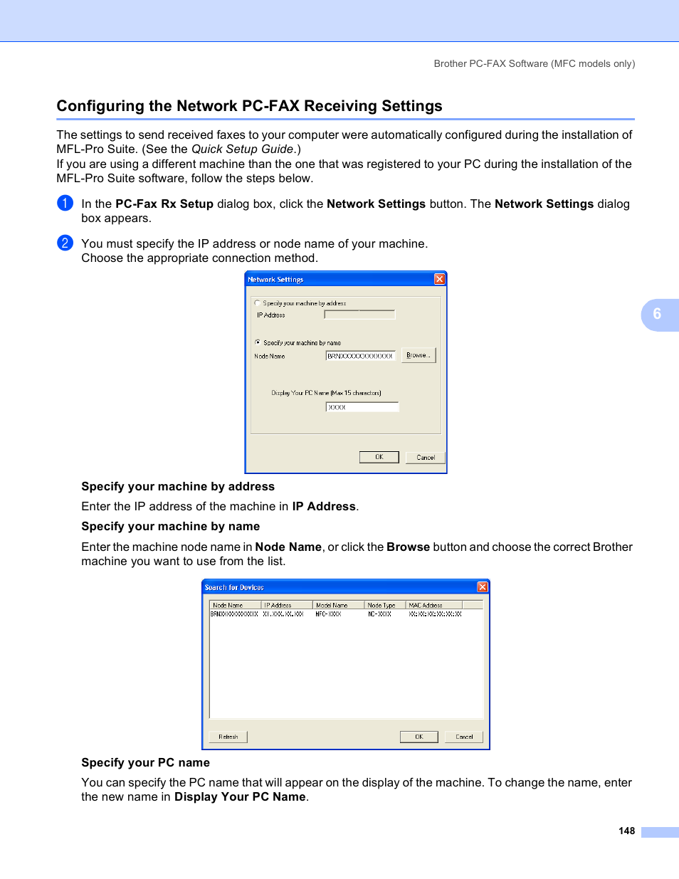 Configuring the network pc-fax receiving settings, 6configuring the network pc-fax receiving settings | Brother MFC-5895CW User Manual | Page 156 / 269