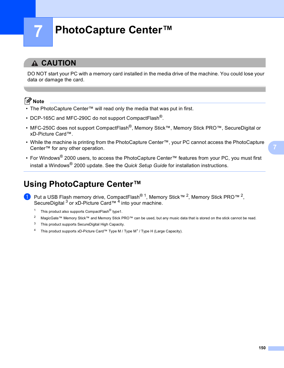 7 photocapture center, Using photocapture center, Photocapture center | Caution | Brother MFC-5895CW User Manual | Page 158 / 269