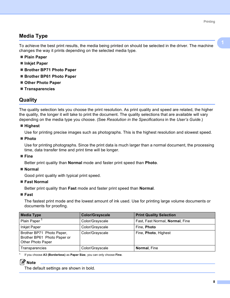 Media type, Quality, Media type quality | 1media type | Brother MFC-5895CW User Manual | Page 16 / 269